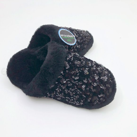 NWT Snoozies Women's Black Sequin Glam Slide Slippers Med 7/8 Non Skid Soles - Picture 2 of 6
